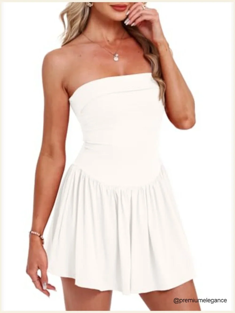 Strapless Ruched Mini Dress with Built-in Shorts, Nylon Spandex Fabric - Picture 4 of 6